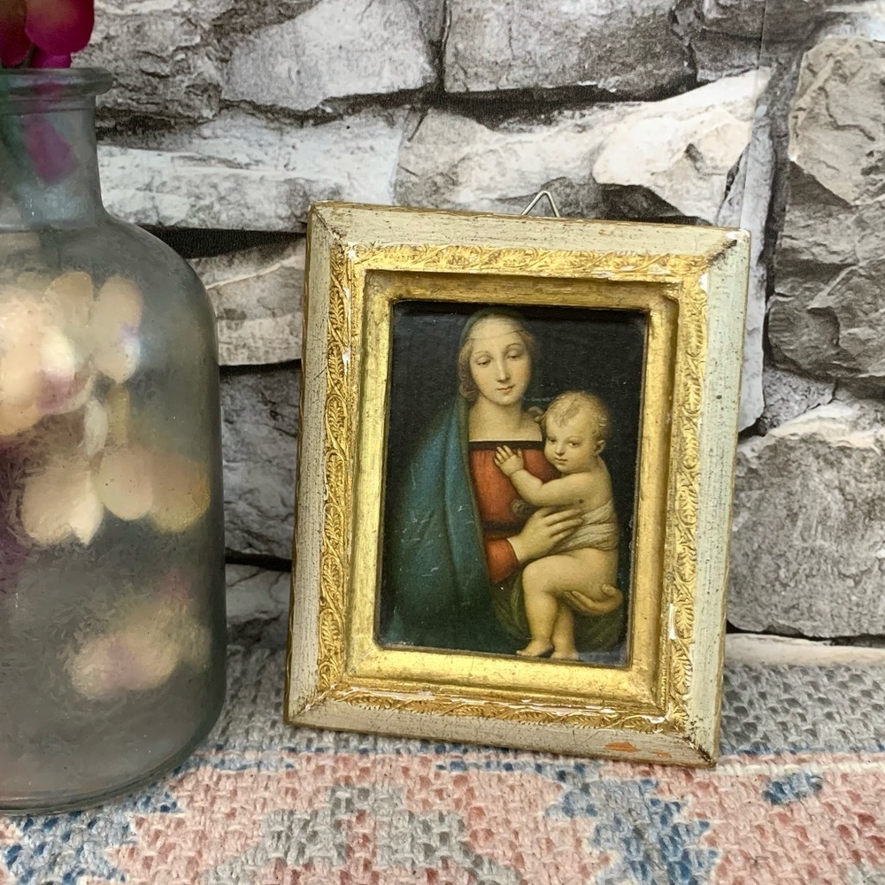 Vintage Italian Florentine Madonna Child Florentia Gilt Wood Travel Icon Plaque